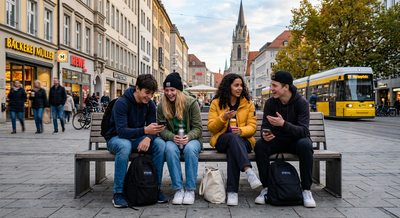 4 Jugendliche sitzen auf einer Bank in der Stadt und unterhalten sich