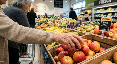 Hand einer alten Dame greift nach einem Apfel